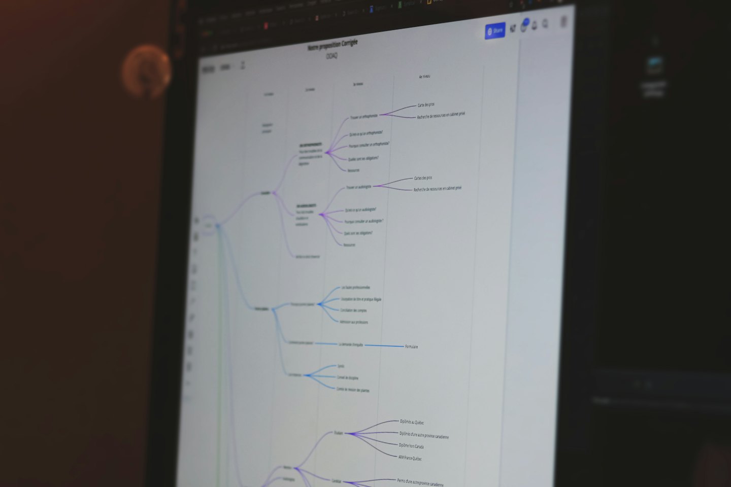 Mappa mentale digitale con nodi interconnessi visualizzata su un monitor.